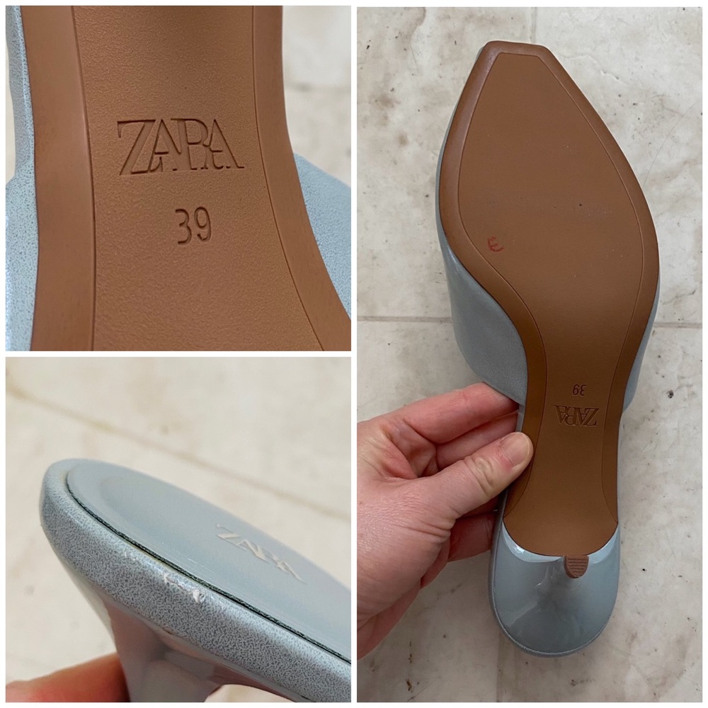 $60 Zara Dusty Blue Faux Patent Leather Peep Toe Heels Sandals Mules Size 8.5 - Picture 13 of 13